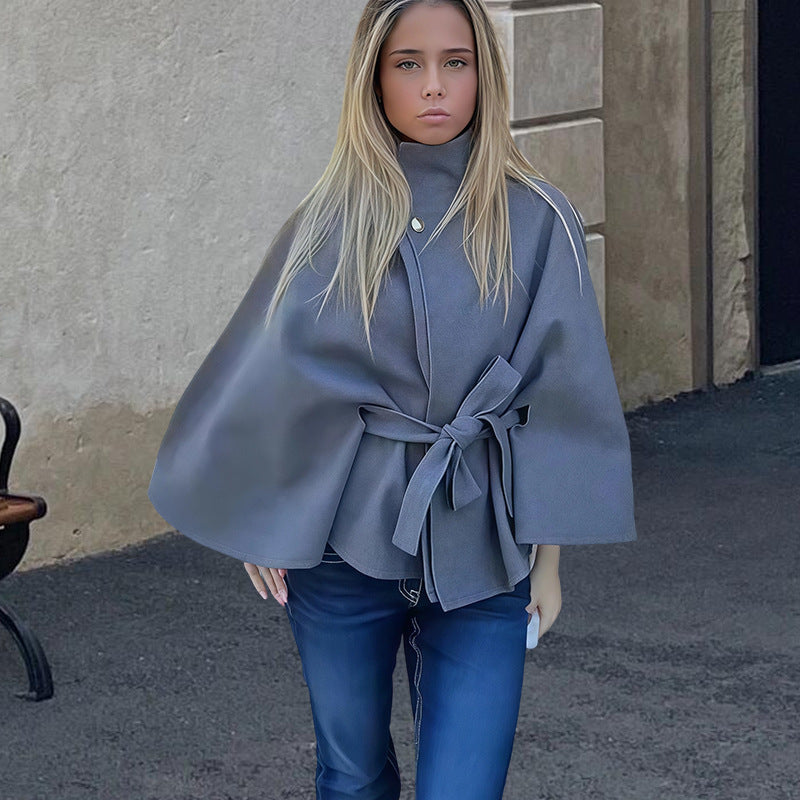 Elegant Women's Belted Woolen Cape Jacket - Slim Fit High Neck Poncho Coat