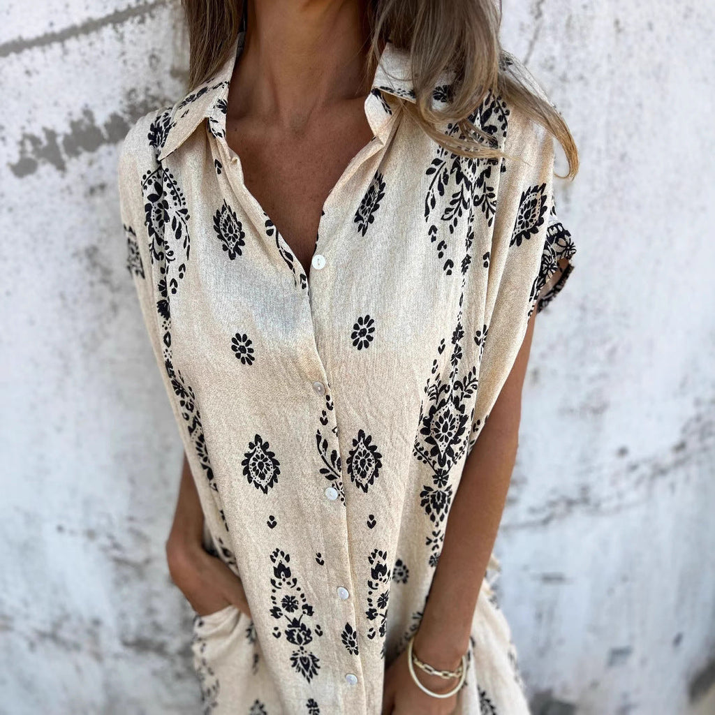 Ethnic Print Sleeveless Shirt Dress