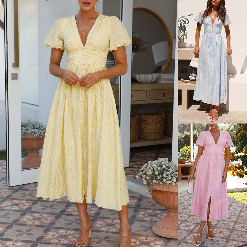 Long V-neck dress with puffed sleeves