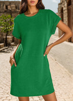 Round Neck Cuff Curling Short Sleeve Pocket Dress