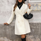 Elegant Wool-Blend Coat with Pearl Buttons – Classic Long Sleeve Winter Overcoat