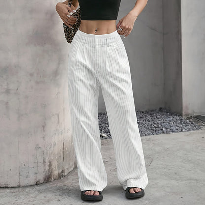 Women's High-Waist Vertical Stripe Trousers - Wide-Leg Straight Pants with Pockets