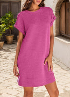 Round Neck Cuff Curling Short Sleeve Pocket Dress