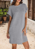 Round Neck Cuff Curling Short Sleeve Pocket Dress