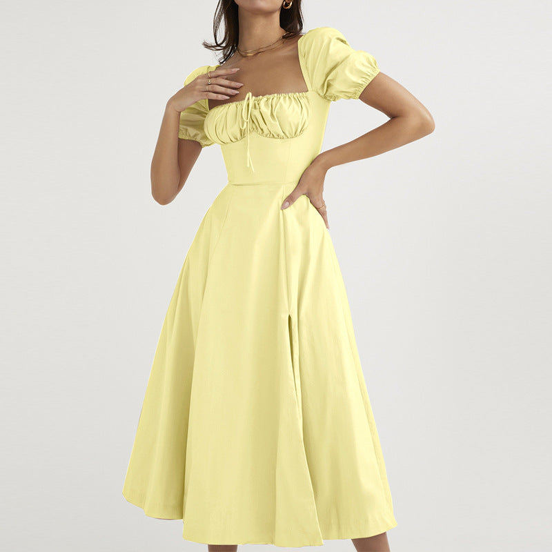 Puff Sleeve Lace-Up Midi Dress