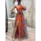 Elegant one-shoulder mesh summer dress