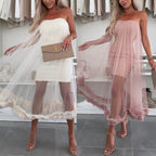 Strapless Mesh Overlay Midi Dress