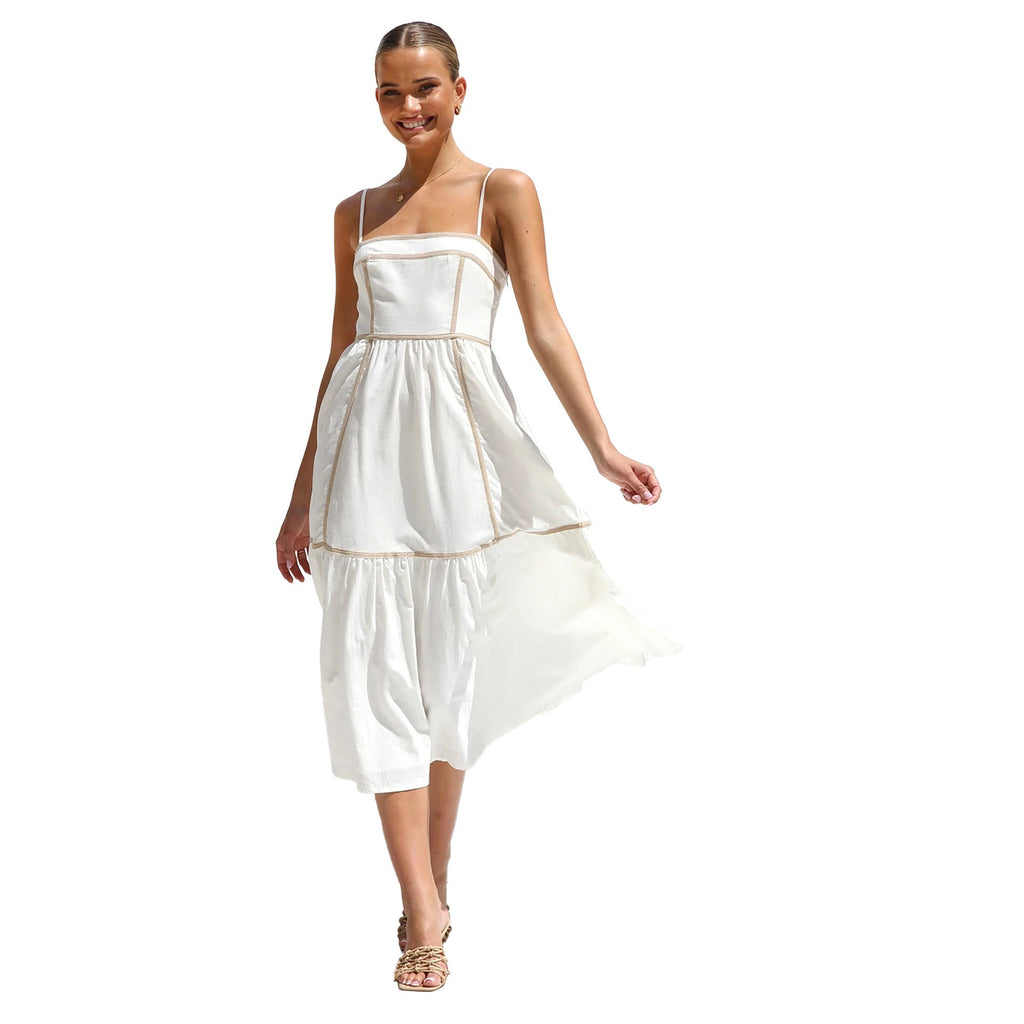 Midi dress with thin straps and ruffled skirt