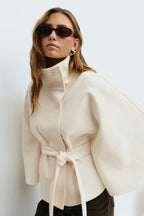 Women's Elegant Batwing Sleeve Trench Coat - High-Neck Woolen Cape Jacket with Waist Belt