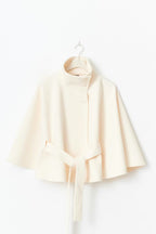 Women's Elegant Batwing Sleeve Trench Coat - High-Neck Woolen Cape Jacket with Waist Belt