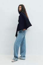 Women's Elegant Batwing Sleeve Trench Coat - High-Neck Woolen Cape Jacket with Waist Belt