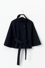 Women's Elegant Batwing Sleeve Trench Coat - High-Neck Woolen Cape Jacket with Waist Belt