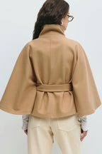 Women's Elegant Batwing Sleeve Trench Coat - High-Neck Woolen Cape Jacket with Waist Belt