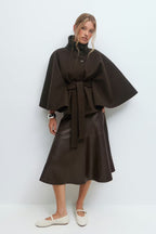 Women's Elegant Batwing Sleeve Trench Coat - High-Neck Woolen Cape Jacket with Waist Belt