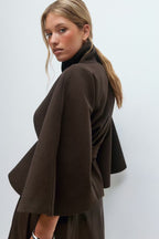 Women's Elegant Batwing Sleeve Trench Coat - High-Neck Woolen Cape Jacket with Waist Belt