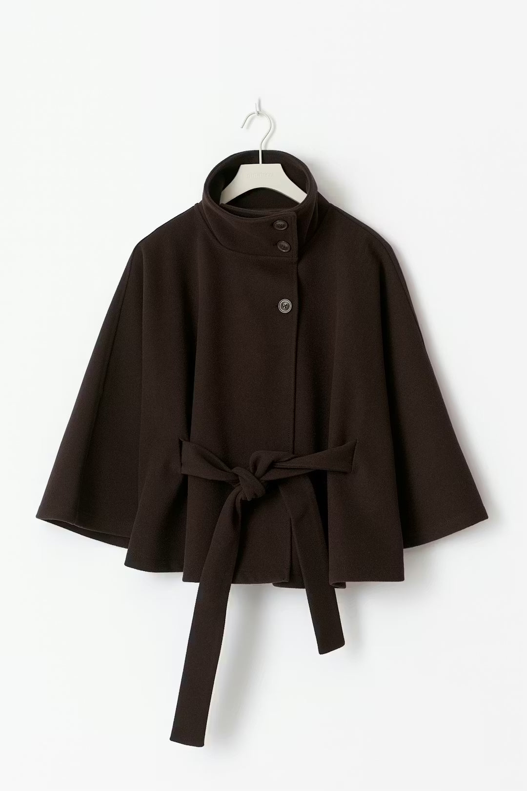 Women's Elegant Batwing Sleeve Trench Coat - High-Neck Woolen Cape Jacket with Waist Belt