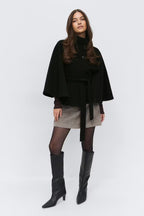 Women's Elegant Batwing Sleeve Trench Coat - High-Neck Woolen Cape Jacket with Waist Belt
