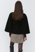 Women's Elegant Batwing Sleeve Trench Coat - High-Neck Woolen Cape Jacket with Waist Belt