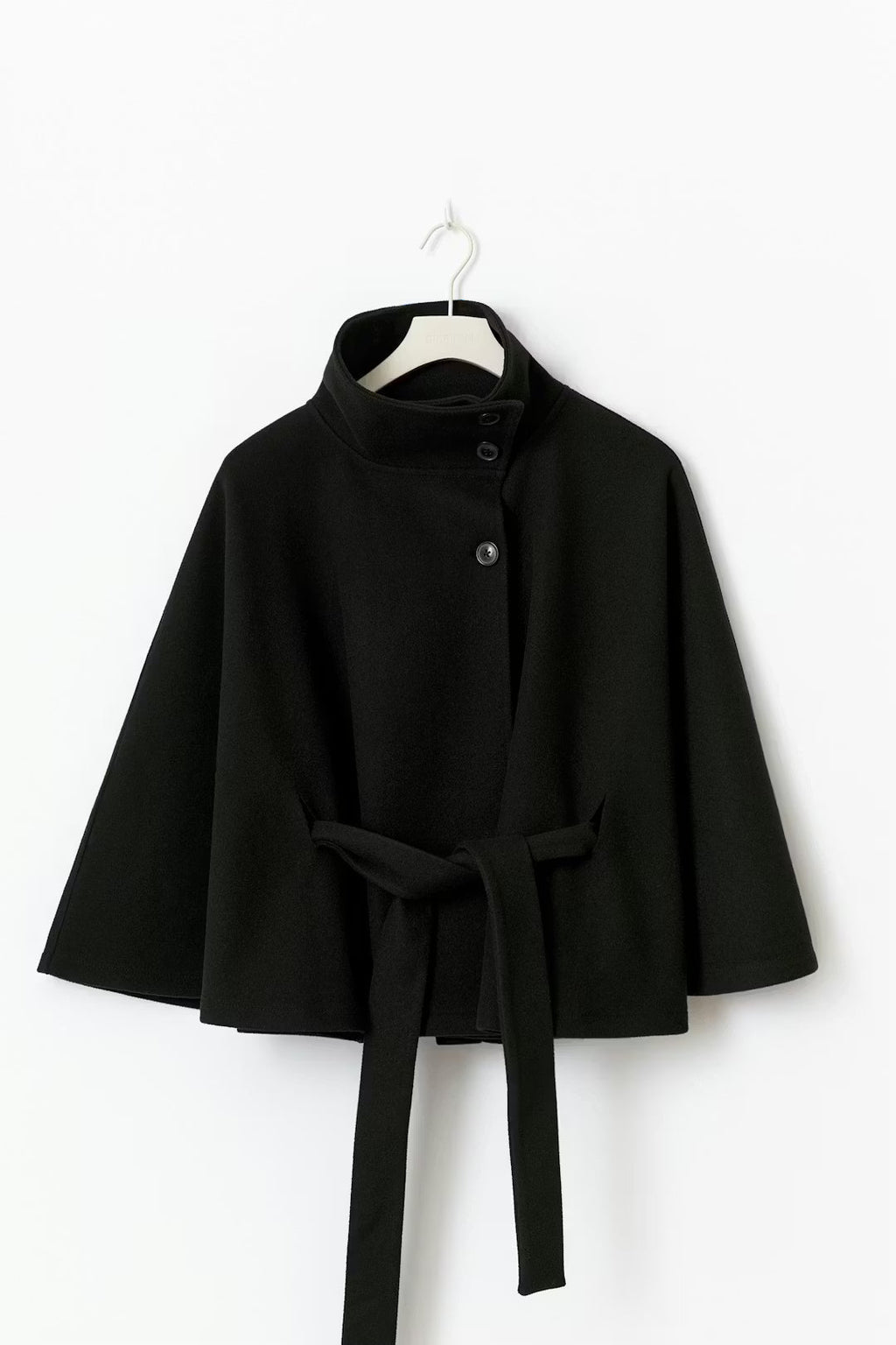Women's Elegant Batwing Sleeve Trench Coat - High-Neck Woolen Cape Jacket with Waist Belt