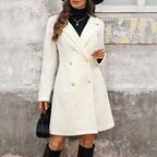 Elegant Wool-Blend Coat with Pearl Buttons – Classic Long Sleeve Winter Overcoat