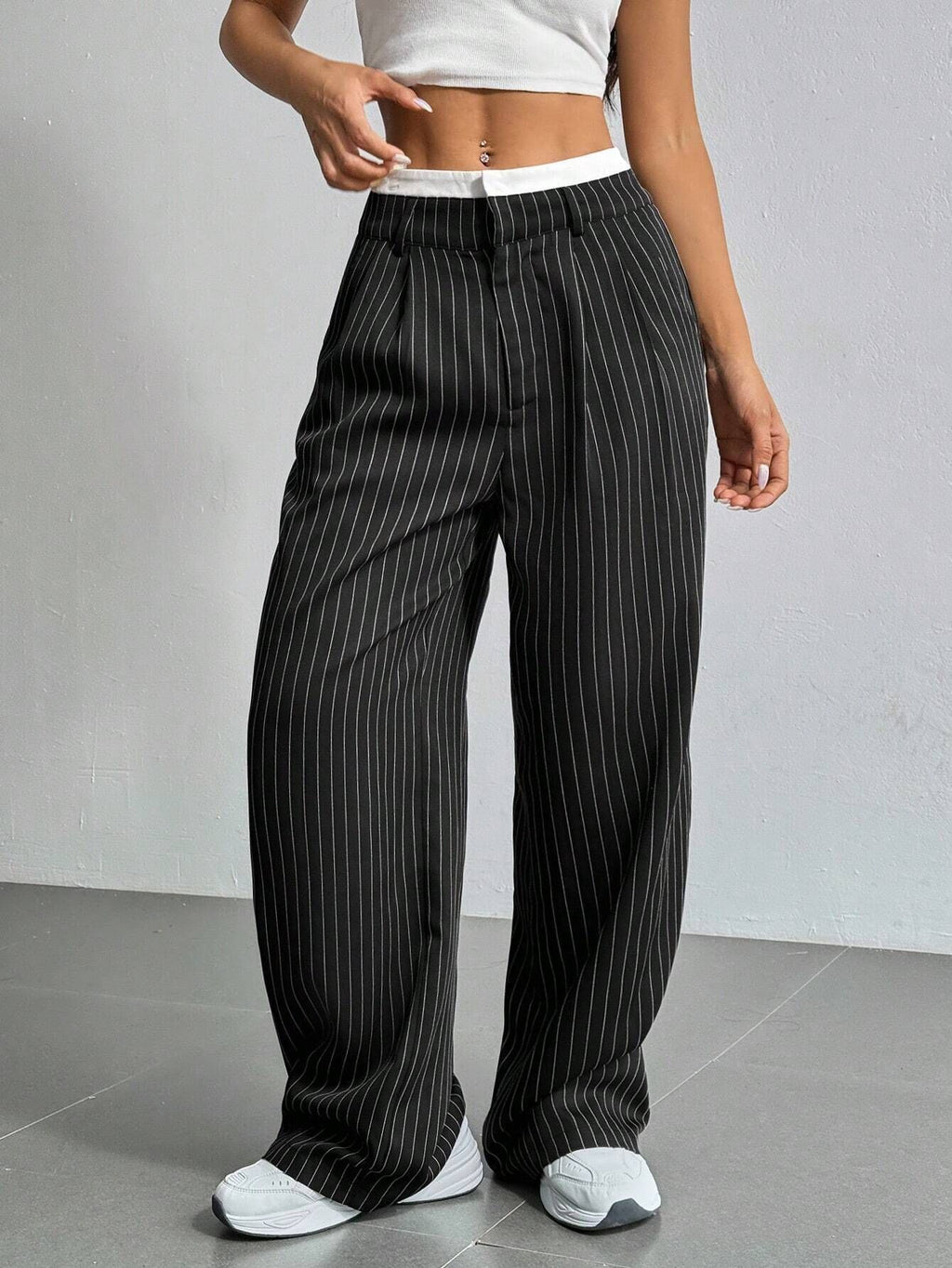 Women's High-Waist Vertical Stripe Trousers - Wide-Leg Straight Pants with Pockets