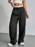 Women's High-Waist Vertical Stripe Trousers - Wide-Leg Straight Pants with Pockets