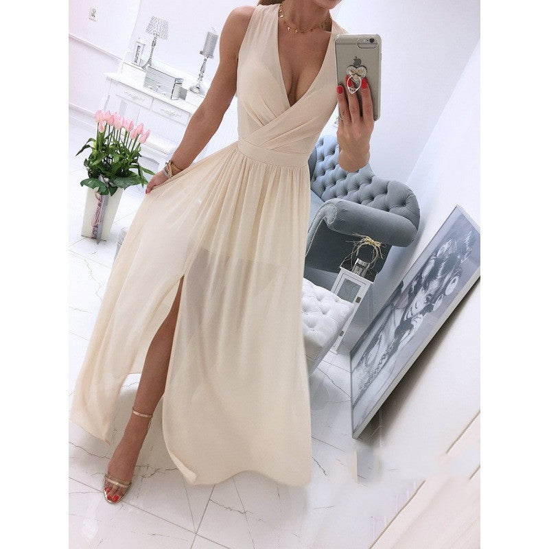 Elegant White V-Neck Maxi Dress with Front Slit