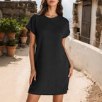 Round Neck Cuff Curling Short Sleeve Pocket Dress