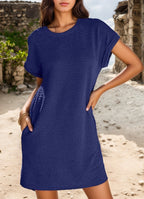 Round Neck Cuff Curling Short Sleeve Pocket Dress