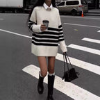 Black & White Striped Turtleneck Knit Sweater