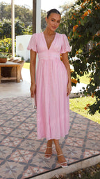 Long V-neck dress with puffed sleeves