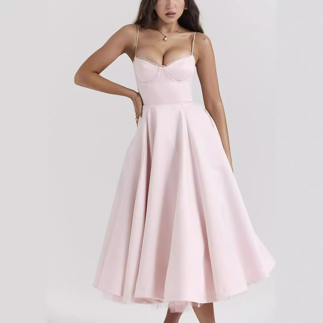 Women's Long Pink Dress - Bustier Style and Voluminous Skirt