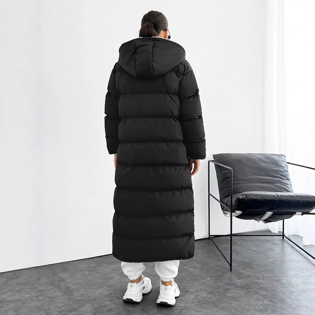 long puffer coat with a hood