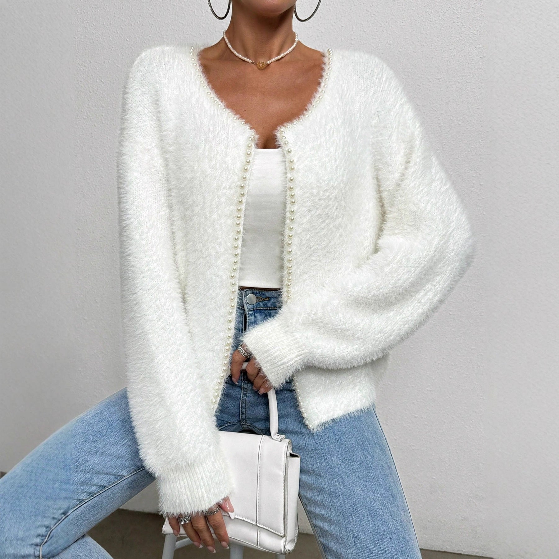 Elegant Pearl-Trim V-Neck Knit Cardigan