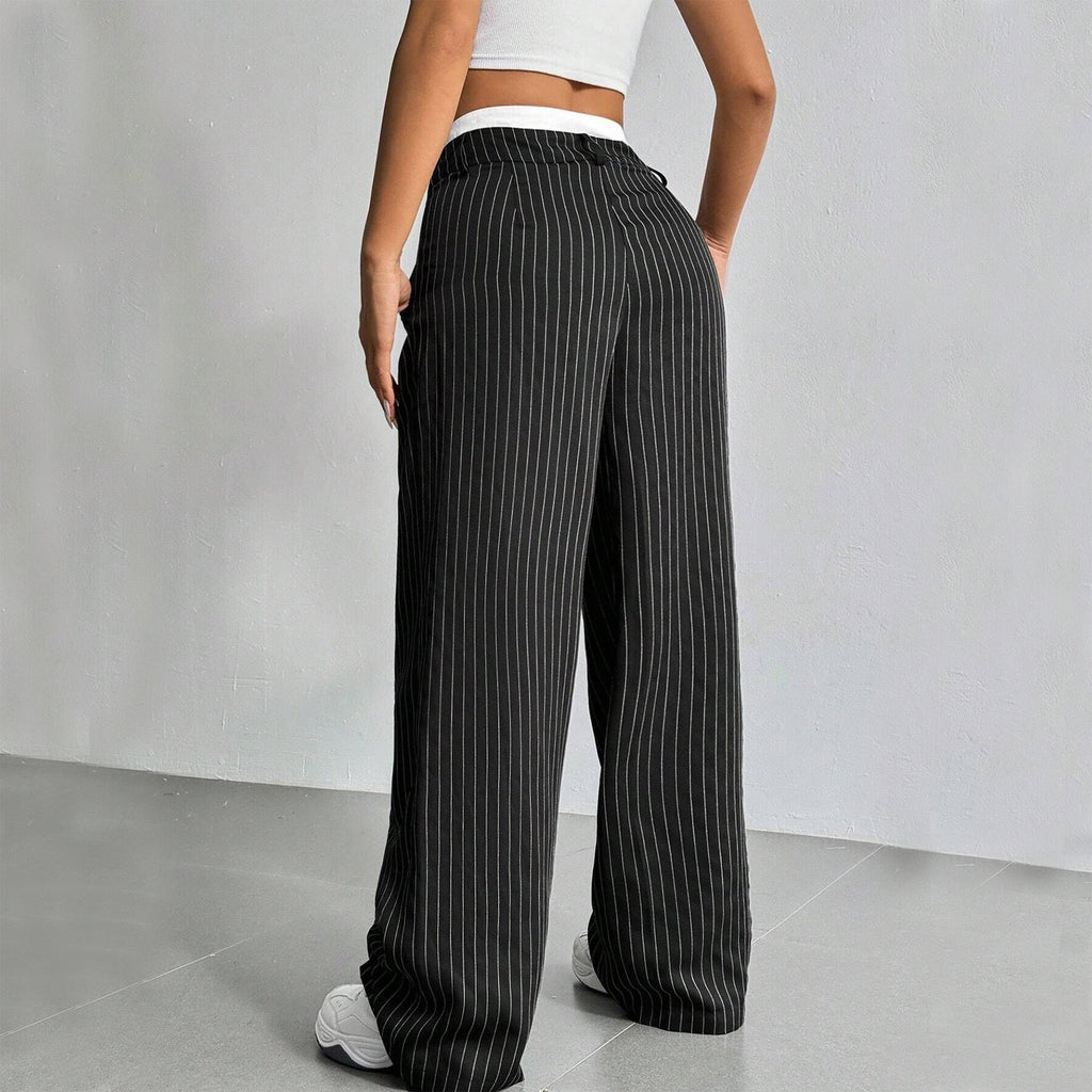 Women's High-Waist Vertical Stripe Trousers - Wide-Leg Straight Pants with Pockets