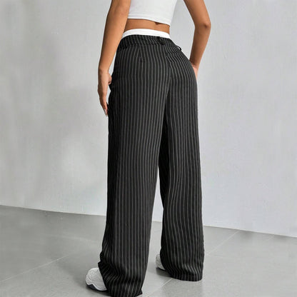 Women's High-Waist Vertical Stripe Trousers - Wide-Leg Straight Pants with Pockets