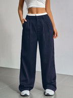 Women's High-Waist Vertical Stripe Trousers - Wide-Leg Straight Pants with Pockets