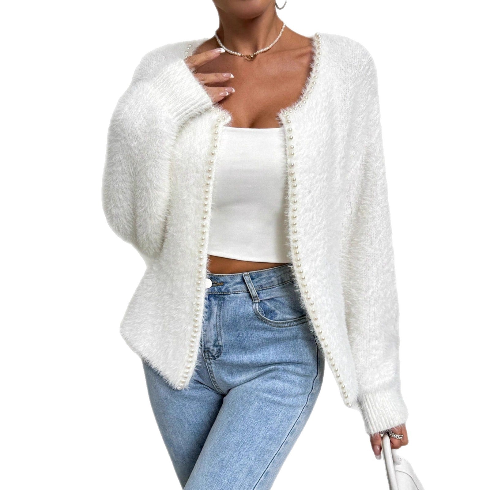 Elegant Pearl-Trim V-Neck Knit Cardigan