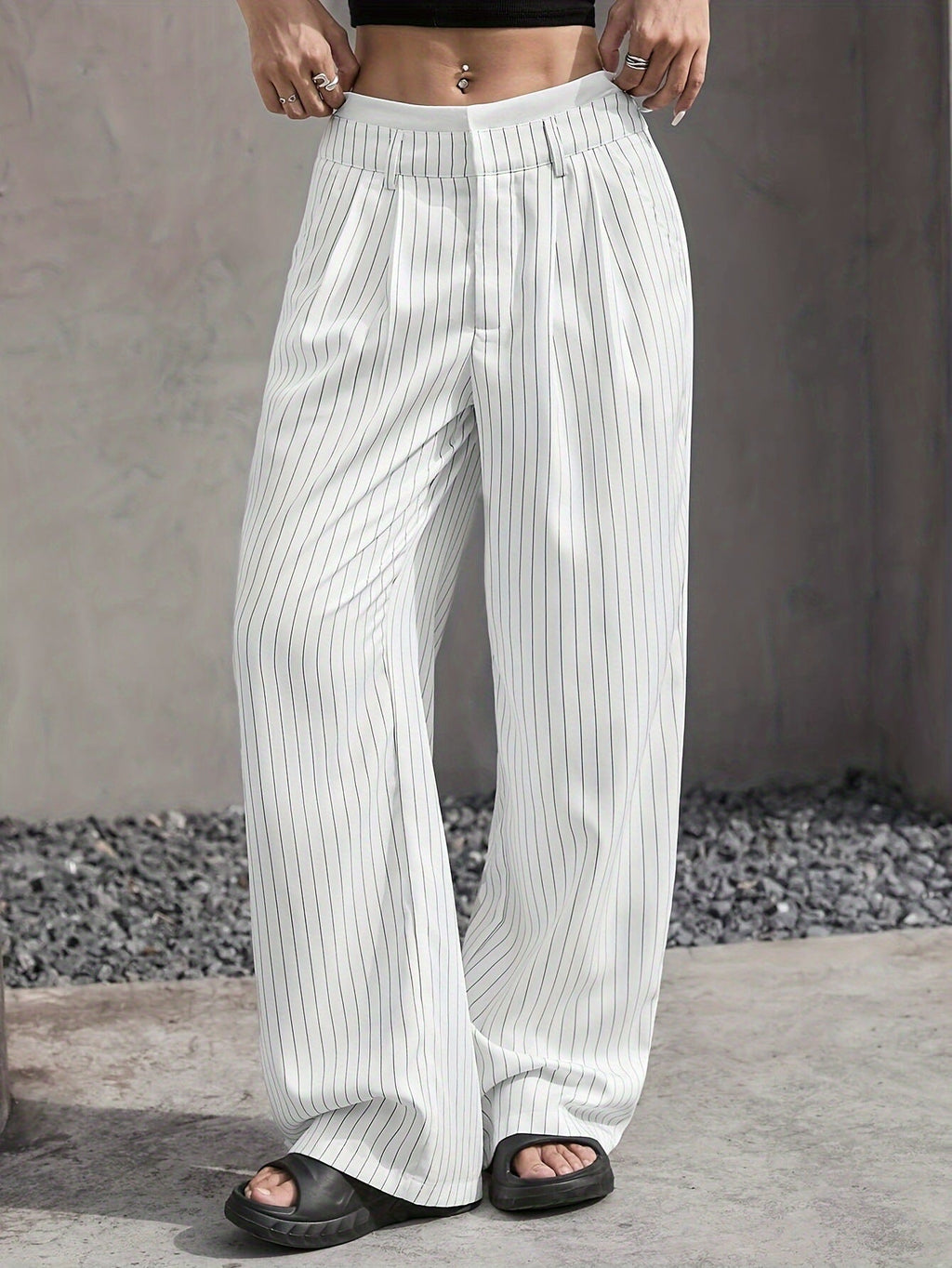Women's High-Waist Vertical Stripe Trousers - Wide-Leg Straight Pants with Pockets