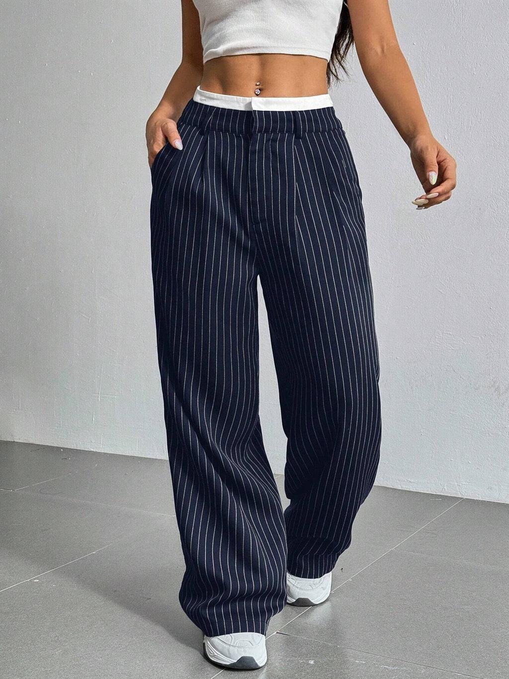 Women's High-Waist Vertical Stripe Trousers - Wide-Leg Straight Pants with Pockets