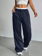 Women's High-Waist Vertical Stripe Trousers - Wide-Leg Straight Pants with Pockets