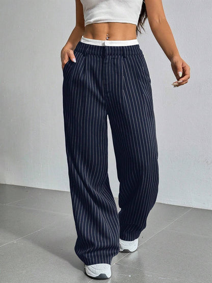 Women's High-Waist Vertical Stripe Trousers - Wide-Leg Straight Pants with Pockets