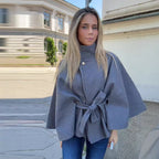 Elegant Women's Belted Woolen Cape Jacket - Slim Fit High Neck Poncho Coat