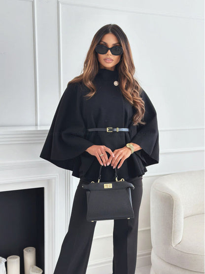 Women's Elegant Woolen Cloak Top - High-Neck Batwing Sleeve Cape Jacket with Adjustable Belt