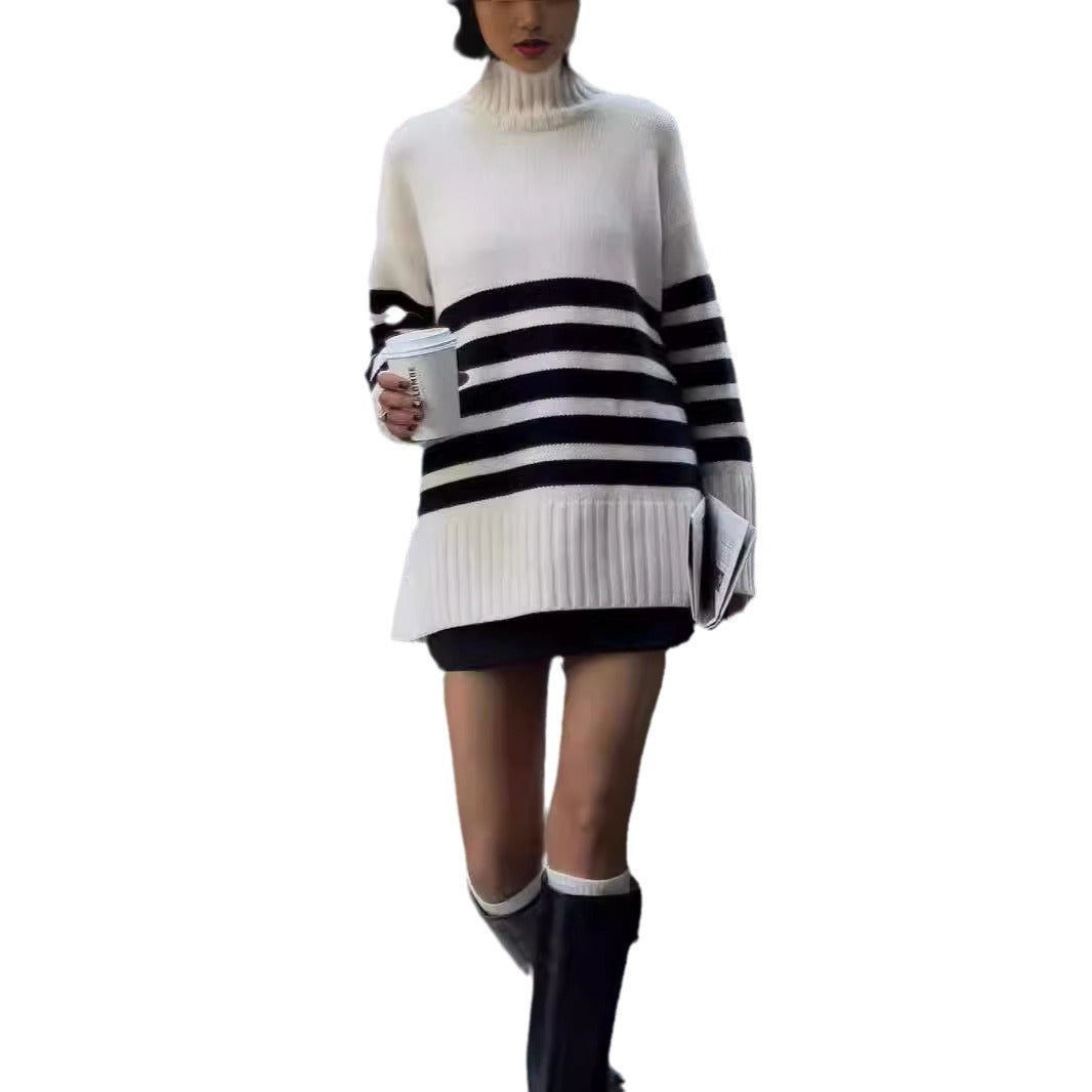 Black & White Striped Turtleneck Knit Sweater