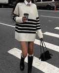 Black & White Striped Turtleneck Knit Sweater