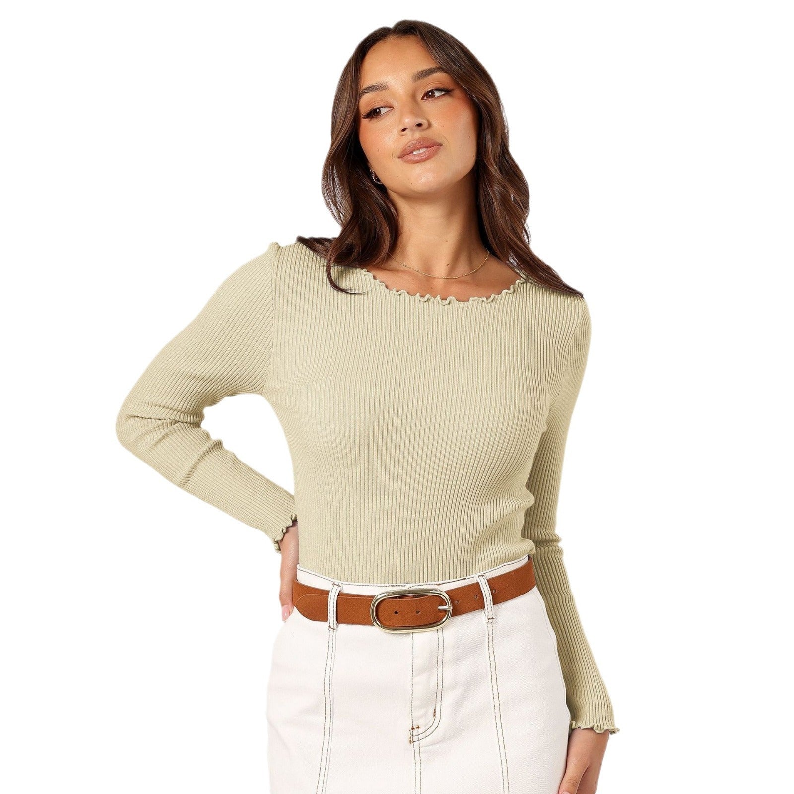 Women's Ribbed Round Neck Slim-Fit Top - Long Sleeve Lettuce Trim Tee - Multiple Colors