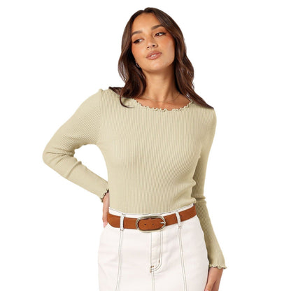 Women's Ribbed Round Neck Slim-Fit Top - Long Sleeve Lettuce Trim Tee - Multiple Colors