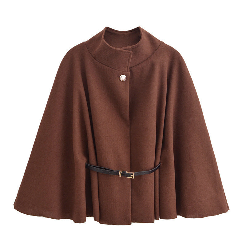 Women's Elegant Woolen Cloak Top - High-Neck Batwing Sleeve Cape Jacket with Adjustable Belt