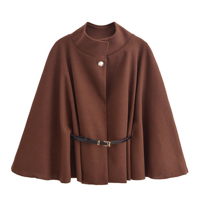 Women's Elegant Woolen Cloak Top - High-Neck Batwing Sleeve Cape Jacket with Adjustable Belt